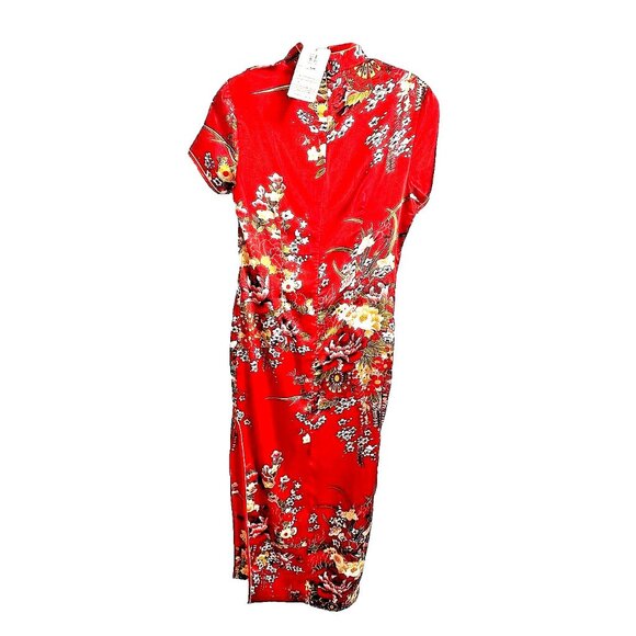 Asian Chinese Red Floral Dress S ? M? Mandarin Collar Short Slvs. Long Slits NWT - Picture 2 of 16